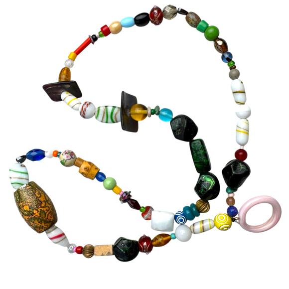 Eclectic Artisan Beaded Necklace Mixed Media Glass Wood Ceramic Funky Boho - Picture 11 of 13